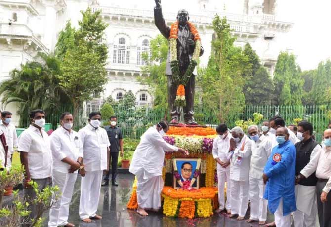 Speaker Pocharam Flower Tribute To Dr. B.R Ambedkar