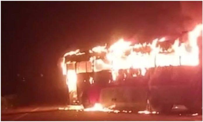 bus catches fire in nirmal district