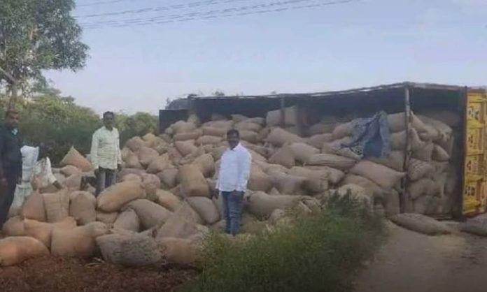 Lorry loaded with grain overturned in kamareddy