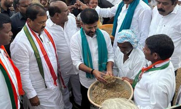 Revanth Reddy inspects Crops after Rains in Kamareddy