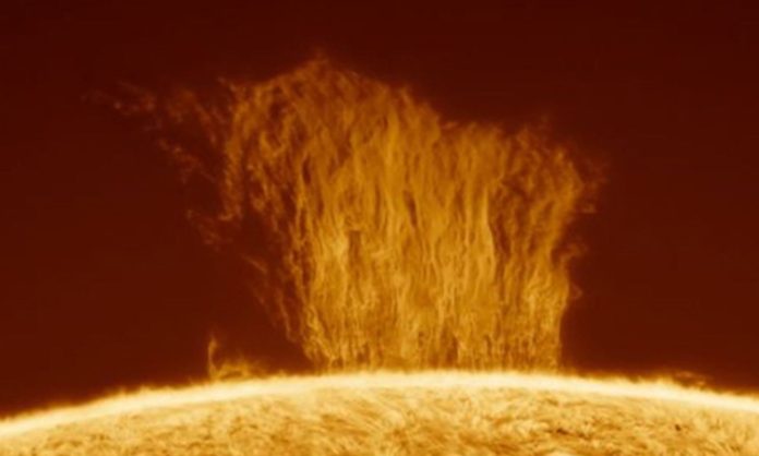 100,000 km high “plasma waterfall” on the sun
