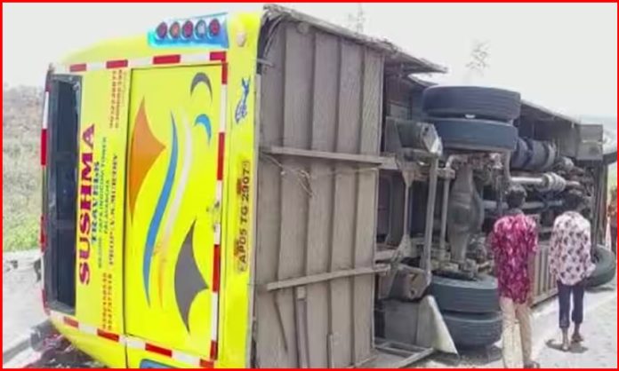 Tourist bus overturned on Nallamala Ghat road