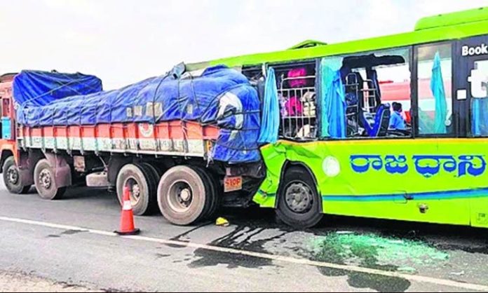 TSRTC Bus collided Lorry in Andhra