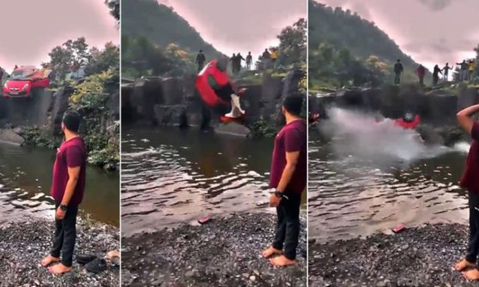 car fell into waterfall