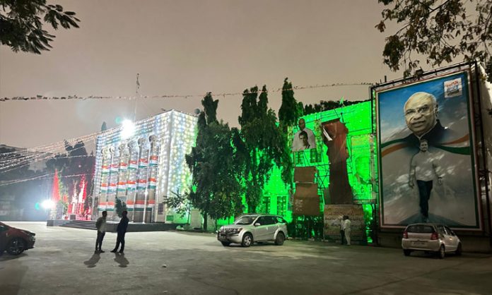 Gandhi Bhavan shining in electric lights