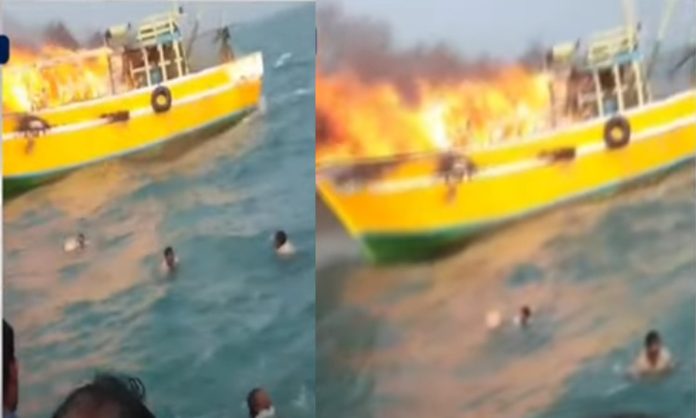 Fire accident in Boat in Kakinada coastal area