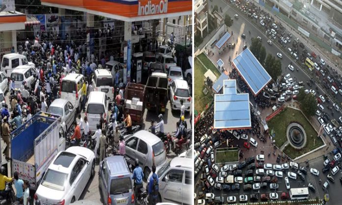 Vehicles queue at Petrol Bunks in Hyderabad