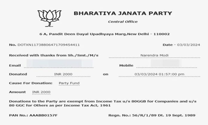 Modi's donation to the party is Rs. 2000