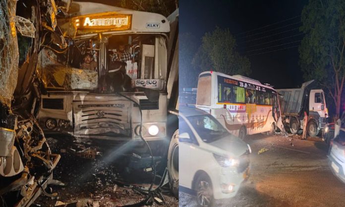 RTC bus and Travels bus collide in Maheshwaram