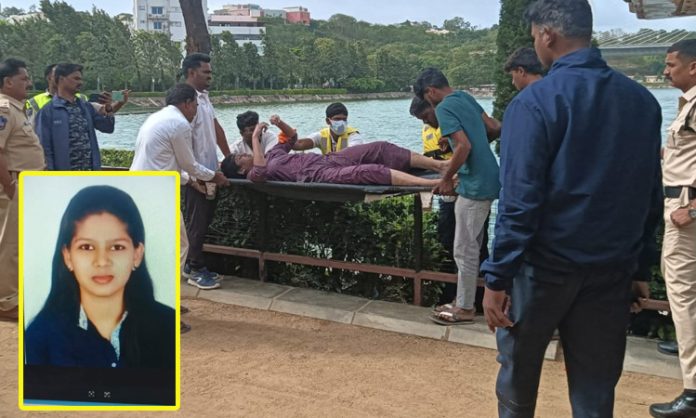 woman jumping into Durgam cheruvu