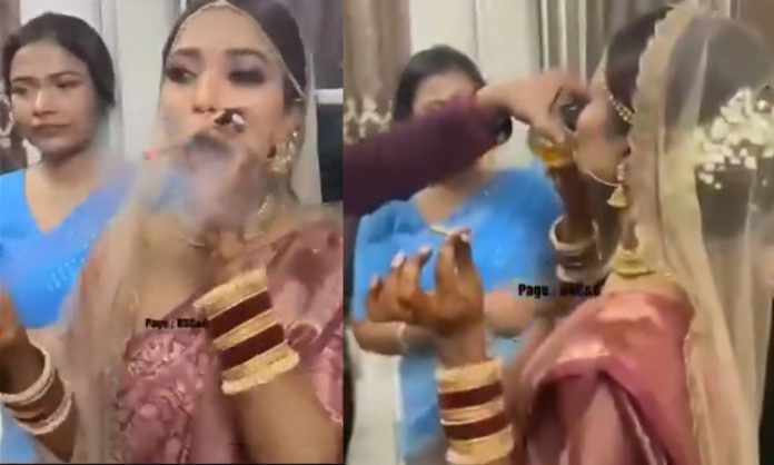 Bride drink wine and cigarette